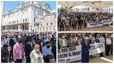 Fatih Cami avlusunda yüzlerce kişiyle Filistin için namaz kıldılar