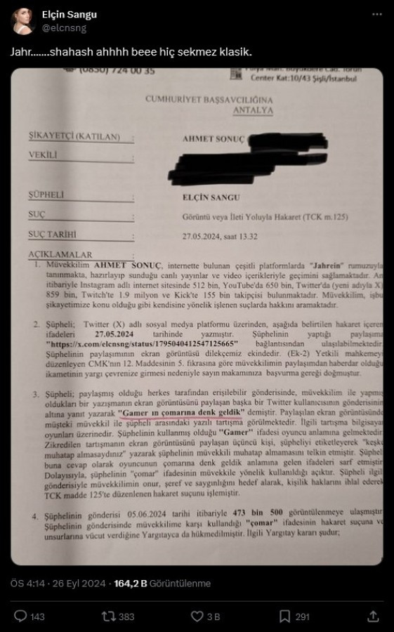 Jahrein'den Elçin Sangu hakkında suç duyurusu - Resim : 1