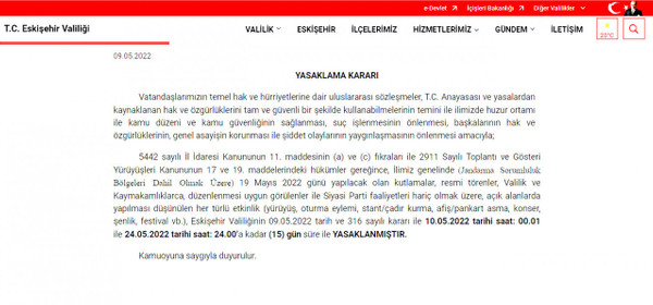 Eskişehir Valiliği 15 gün süreyle tüm etkinlikleri yasakladı - Resim : 1