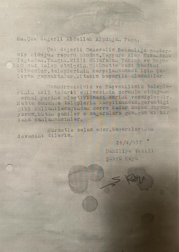 1938 Dersim Soykırımı ve Şükrü Kaya mektubu - Resim : 1