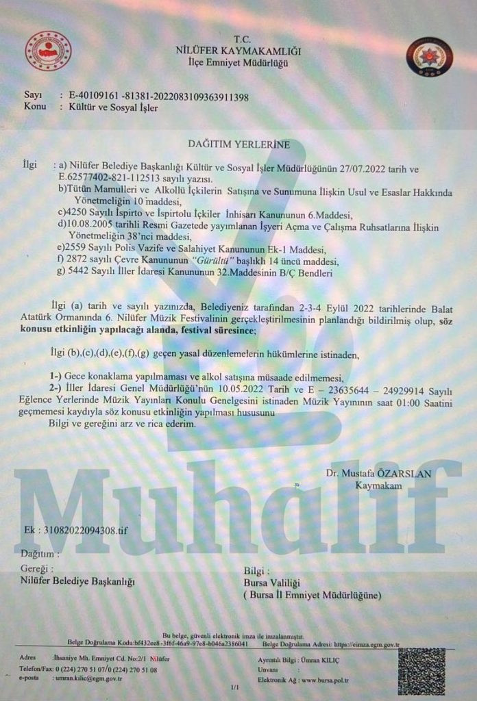 Kaymakamlıktan, Nilüfer Müzik Festivali’ne alkol ve konaklama yasağı - Resim : 1
