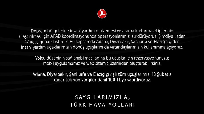 THY, deprem bölgesinden uçuşları 100 TL’ye sabitledi - Resim : 1