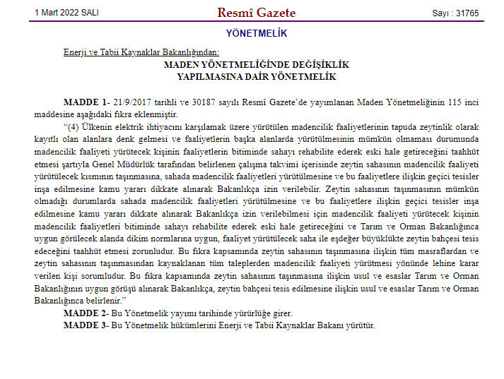 Resmi Gazete'de yayımlandı: Zeytinlikler 'faaliyet bitiminde rehabilite edilmek' şartıyla maden sahası yapılabilecek - Resim : 1