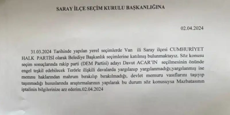 CHP, Van Saray'da DEM Partili adayın mazbatasının iptali için başvuru yaptı - Resim : 1