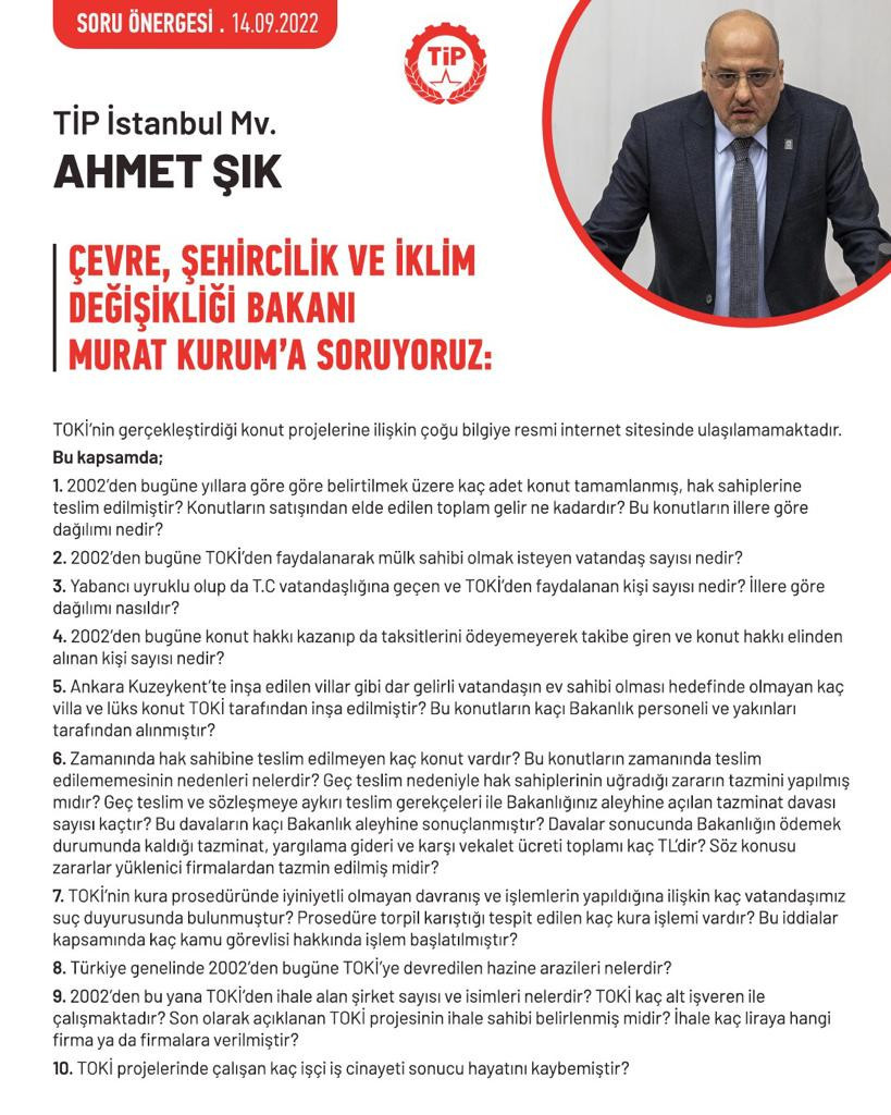 Ahmet Şık'tan, Bakan Kurum'a 10 TOKİ sorusu - Resim : 1