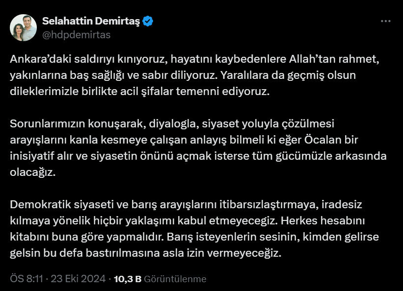 Demirtaş'tan TUSAŞ'a saldırı açıklaması: Barış isteyenlerin sesinin bu defa bastırılmasına izin vermeyeceğiz - Resim : 1
