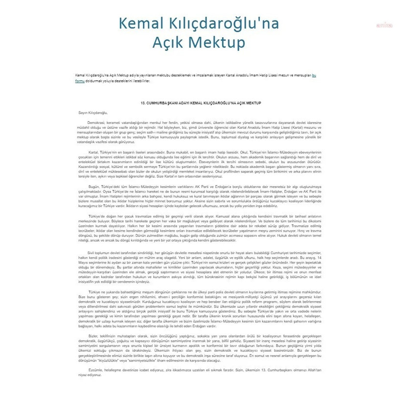 Kartal İmam Hatip Lisesi mezunlarından Kemal Kılıçdaroğlu'na açık mektup - Resim : 1