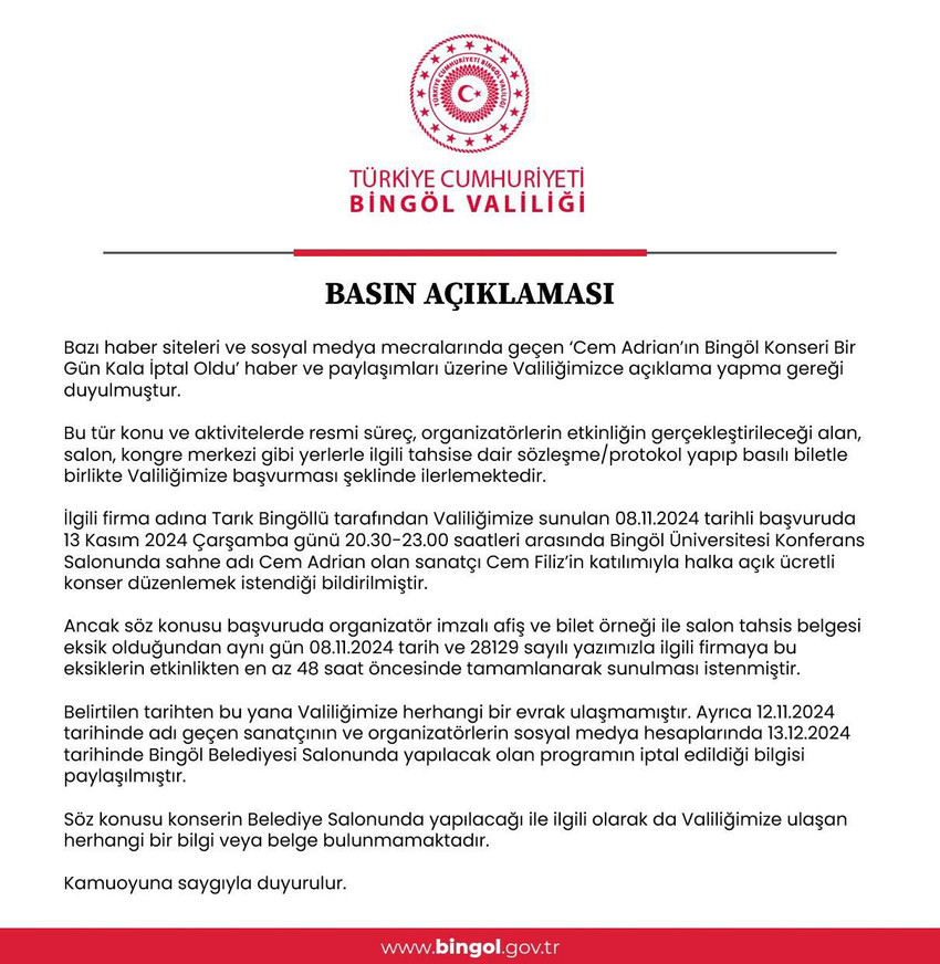 Bingöl Valiliği'nden Cem Adrian konseriyle ilgili açıklama - Resim : 1