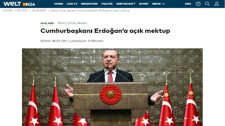 Die Welt'ten Cumhurbaşkanı Erdoğan'a mektup
