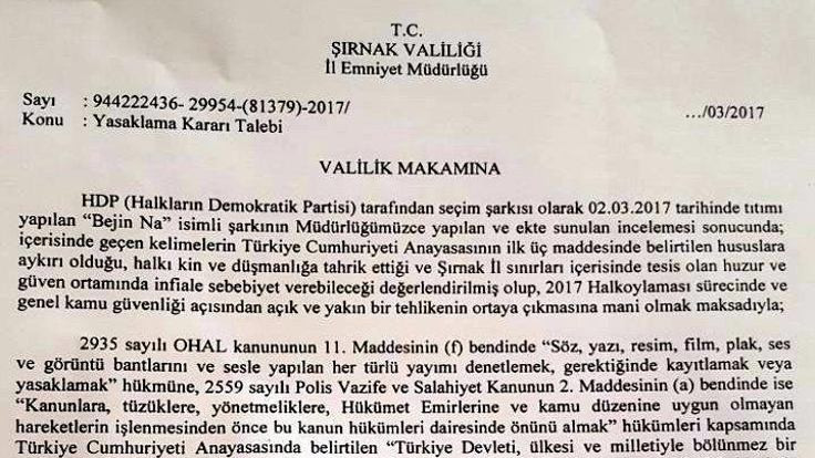 Şırnak'ta HDP'nin referandum şarkısı 'Bejin Na' yasaklandı