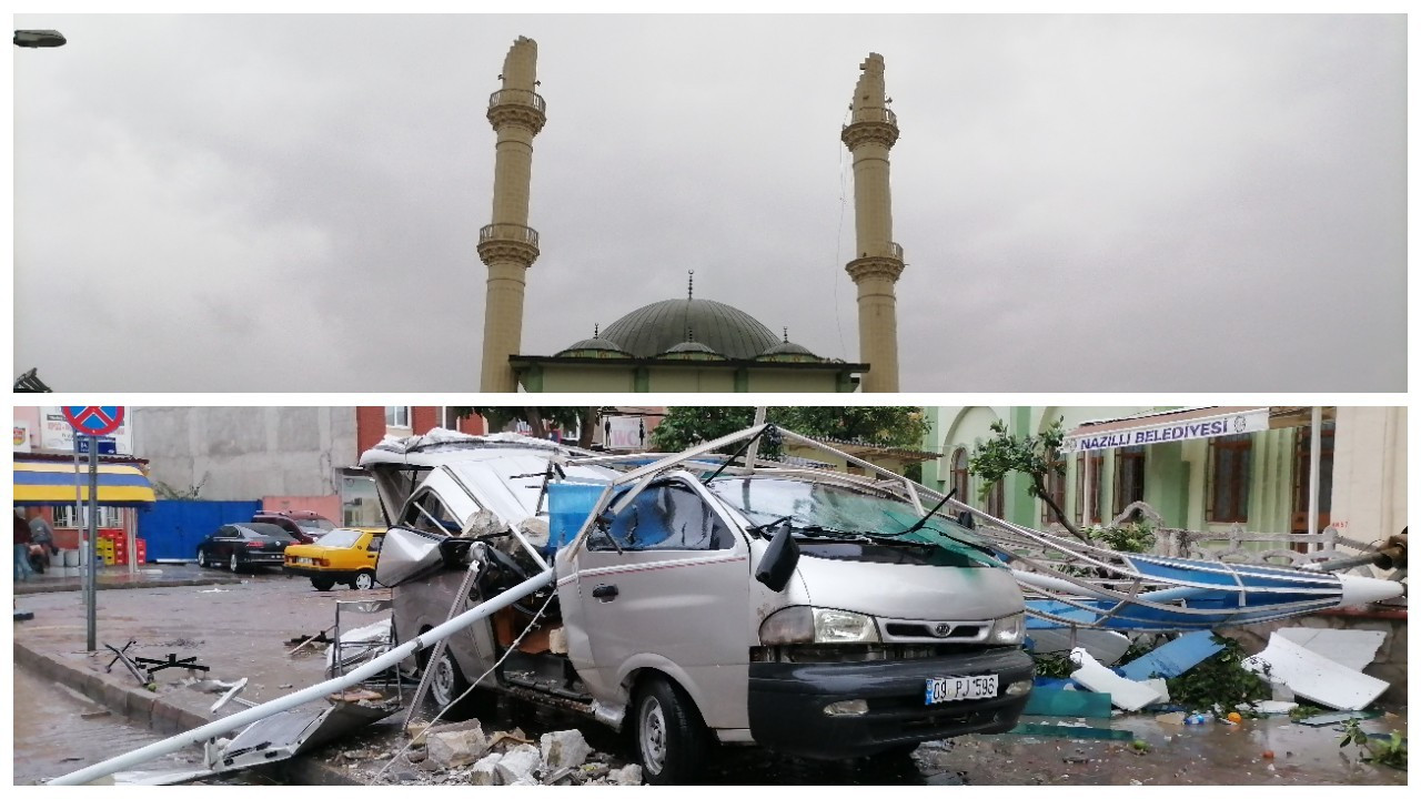 Aydın'daki fırtınada minare yıkıldı