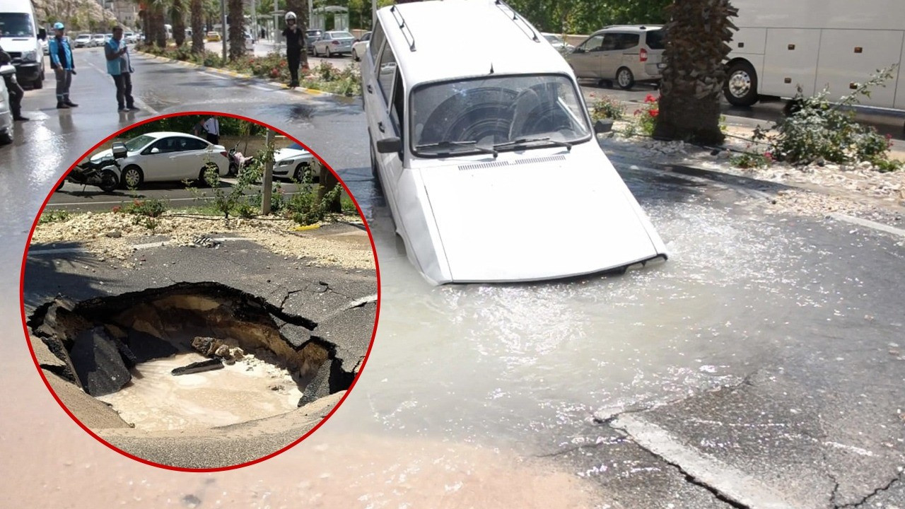 Urfa'da asfalt çöktü, otomobil çukura düştü