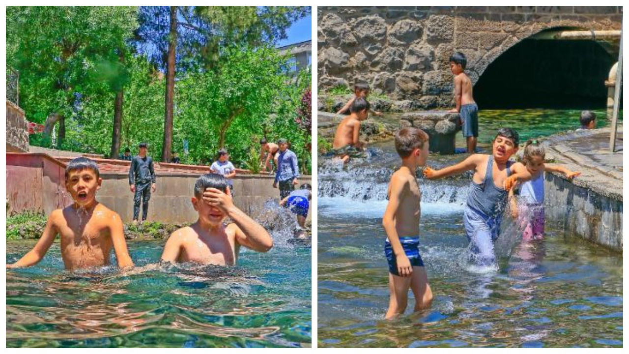 Diyarbakır'da 37 derece sıcakta çocuklar süs havuzunda serinledi
