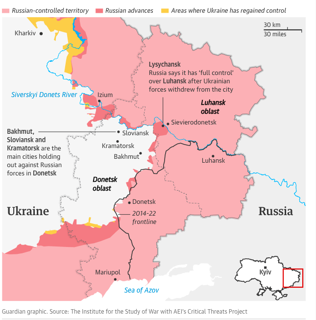 The Guardian, Savaş Çalışmaları Enstitüsü'nün (ISW) son verilerine göre Ukrayna'nın doğusundaki son durumu haritalandırdı.