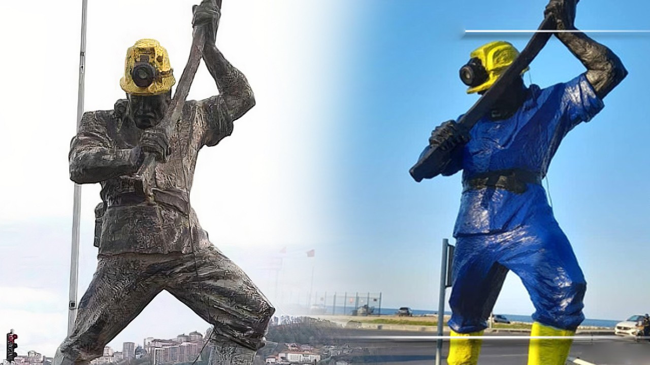 AK Partili belediye Madenci Anıtı'nı sarı-maviye boyadı, heykeltraşı tepkili: Vandallık