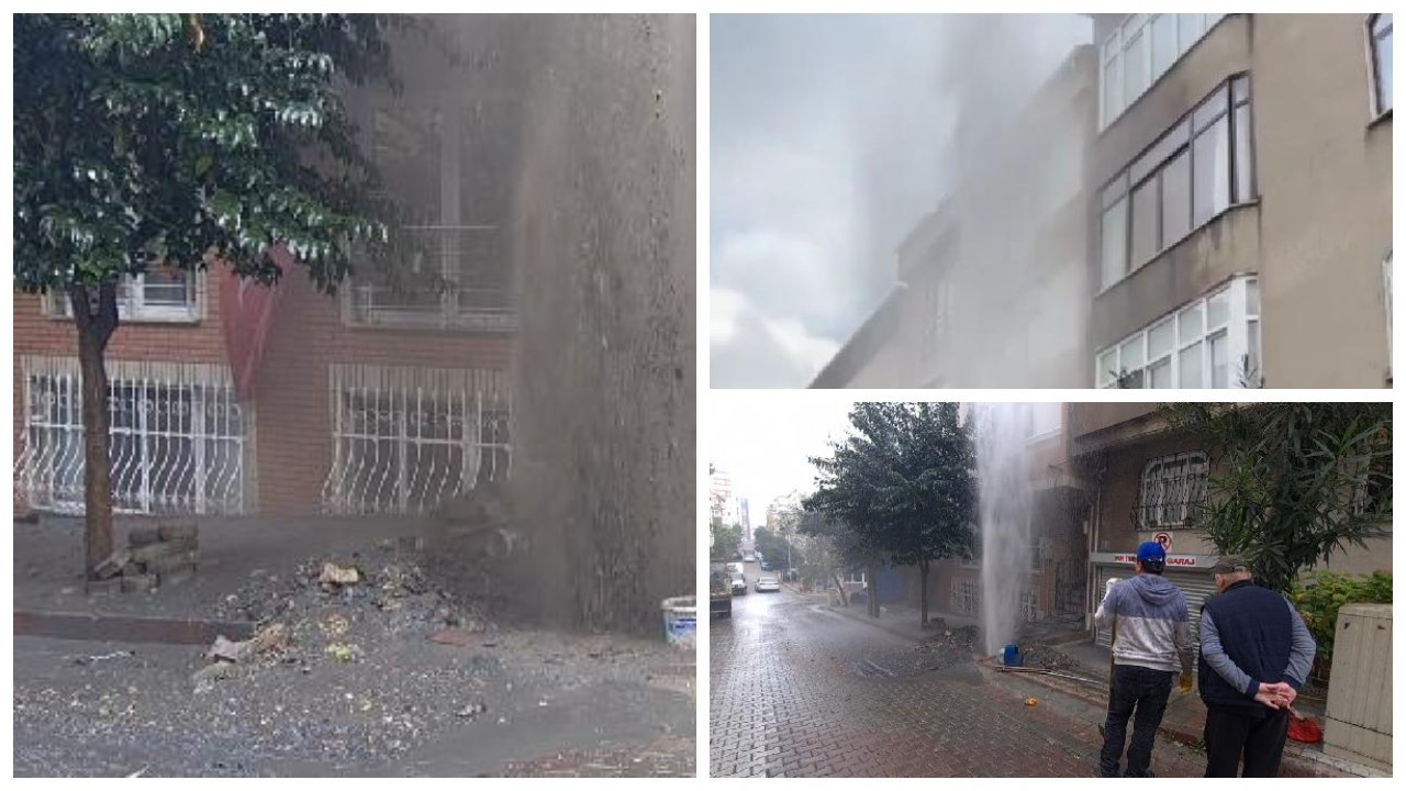 Sultangazi'de boru patladı, tazyikli su binanın boyunu aştı