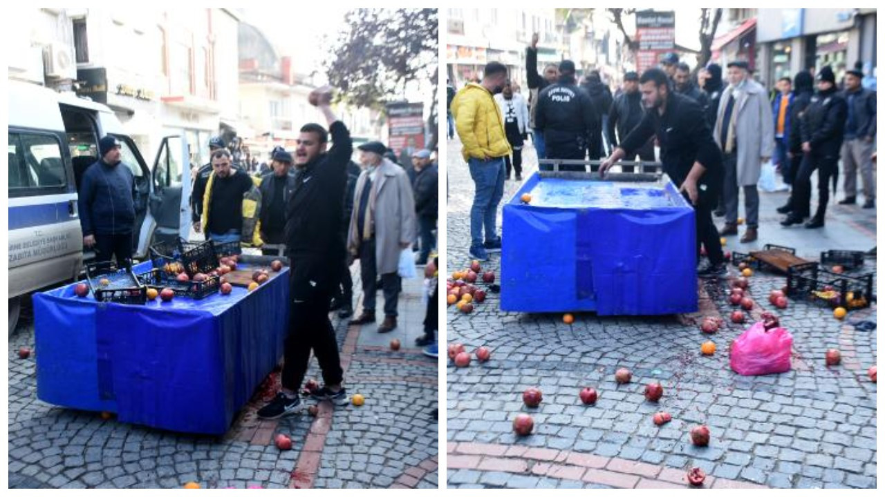 Meyve sıkma makinesine el konulan seyyar satıcı, ürünleri caddeye attı