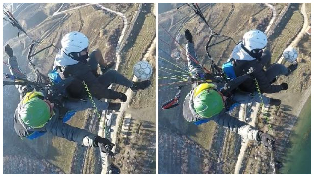 Yamaç paraşütü yaparken havada top sektirdi