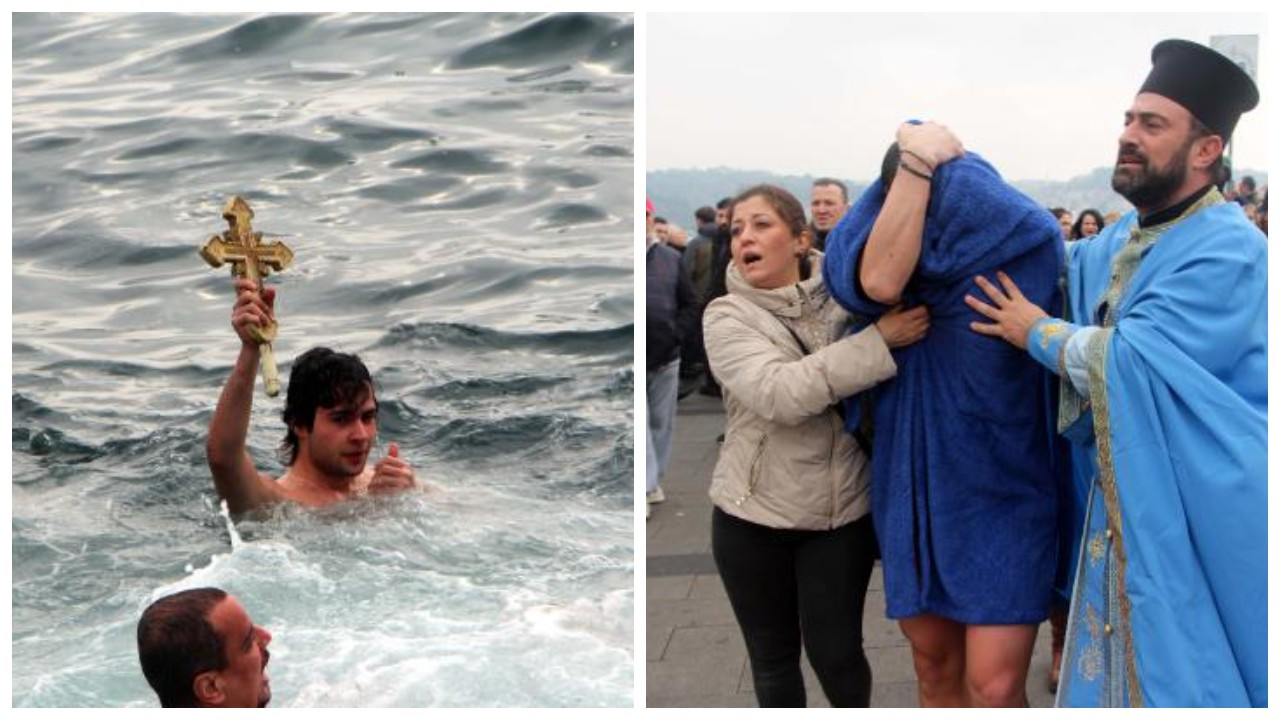 Ortaköy'deki haç çıkarma töreninde denize atladı, başından yaralandı