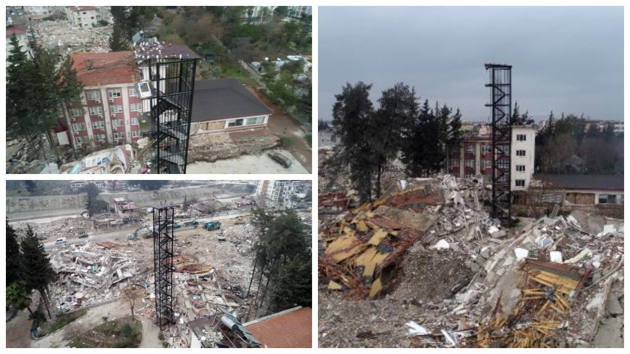 Hatay'da depremde binalar yıkıldı, yangın merdiveni ayakta kaldı
