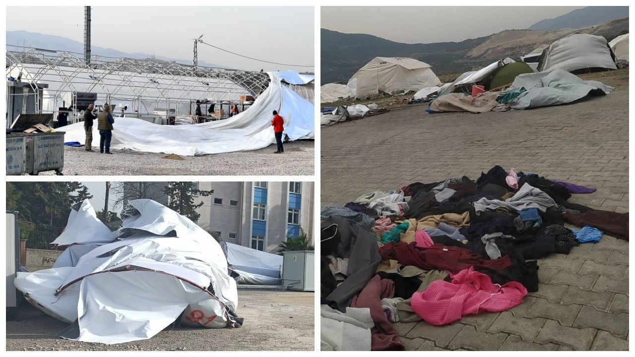 İskenderun'da kuvvetli rüzgar: Depremzedelerin çadırları yıkıldı