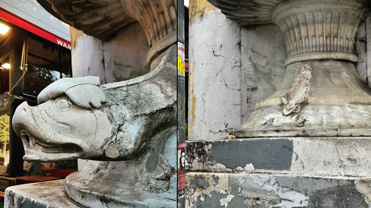 Galatasaray Lisesi kapısındaki ikiz yılan heykellerinden biri kayıp