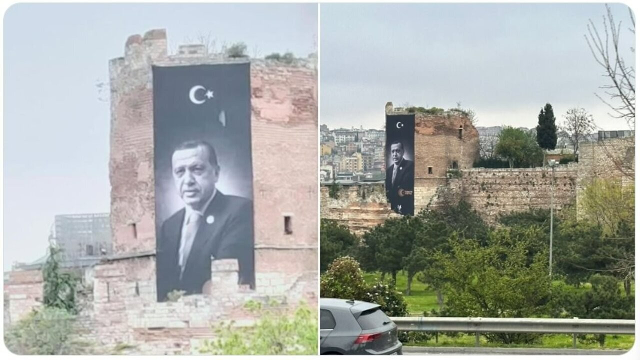 İstanbul'un tarihi surlarındaki Erdoğan afişi kaldırıldı
