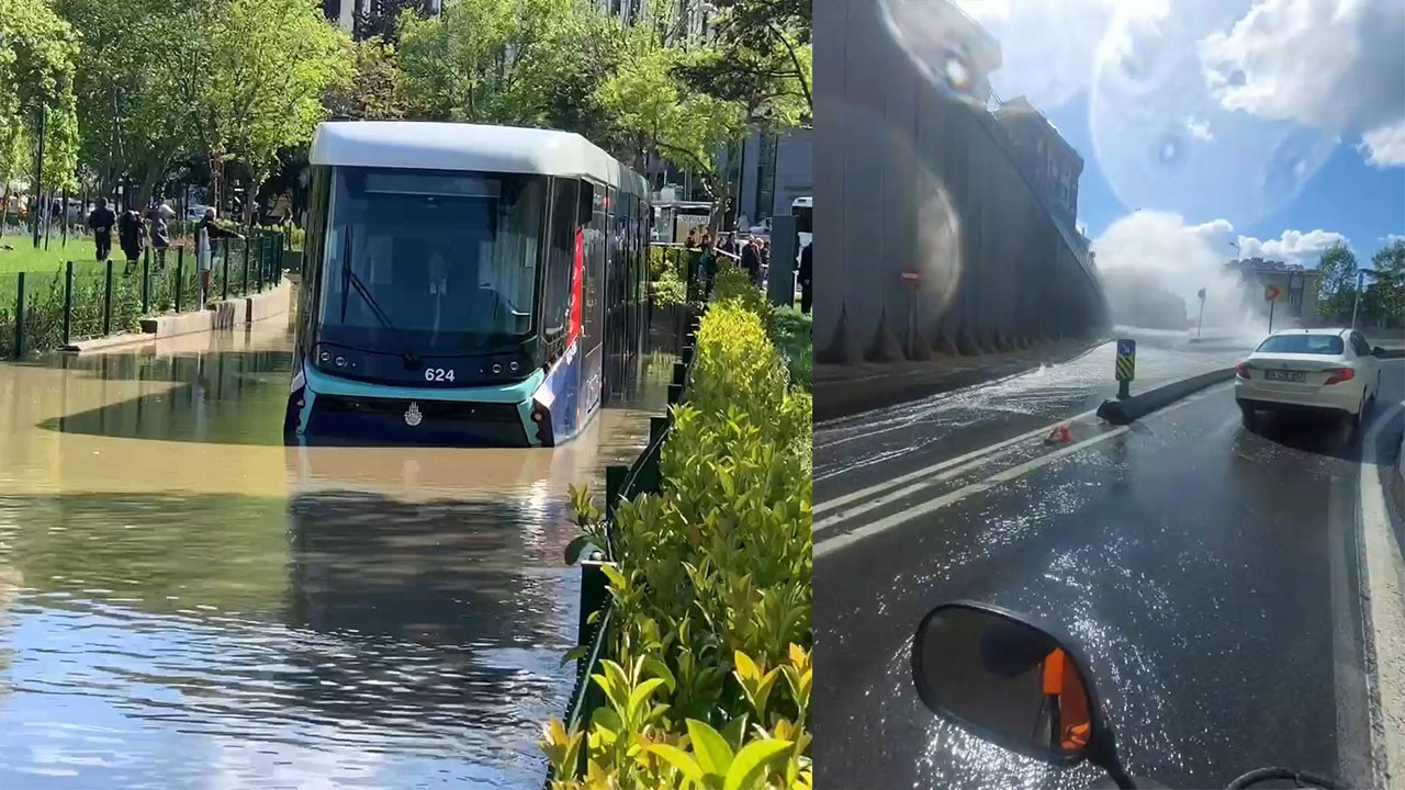 Eyüpsultan'da su borusu patladı, tramvaylar mahsur kaldı