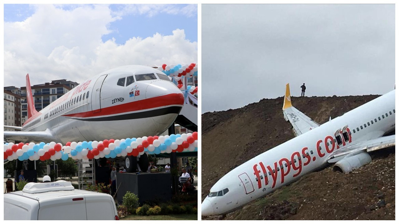 Trabzon'da pistten çıkan uçak, pide salonu oldu