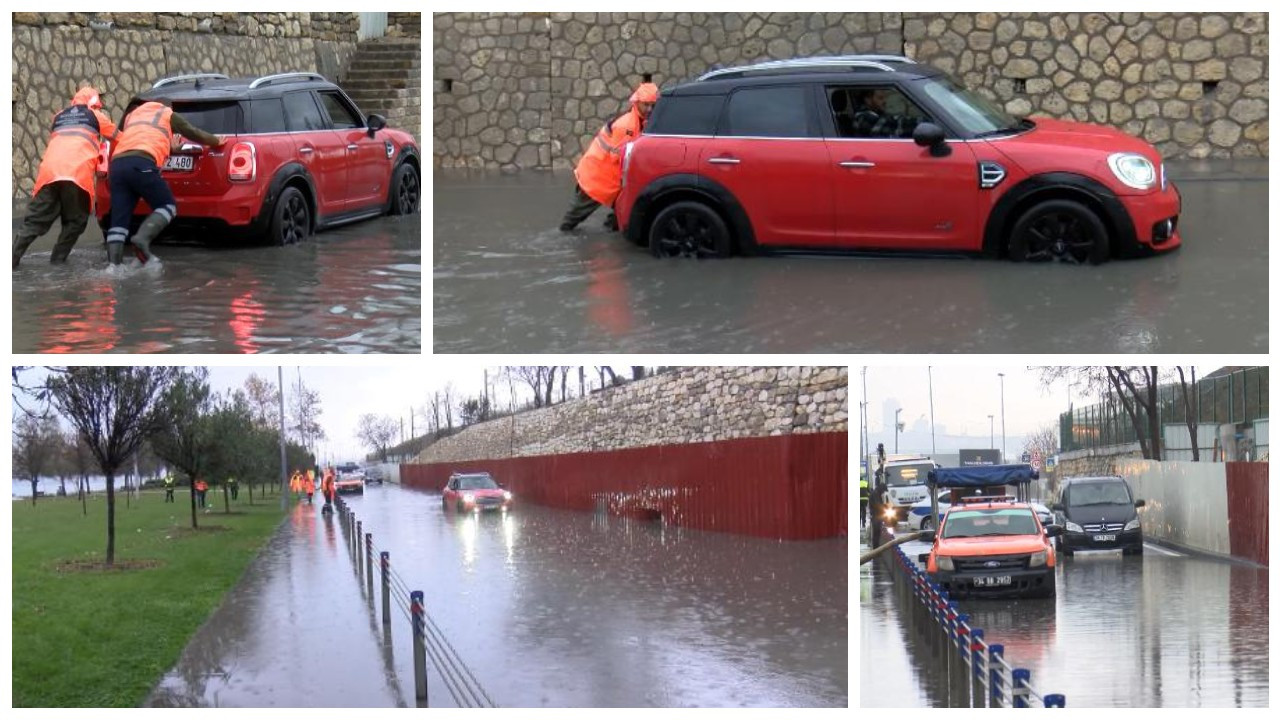 Bakırköy'de sahil yolunu su bastı, 3 araç mahsur kaldı