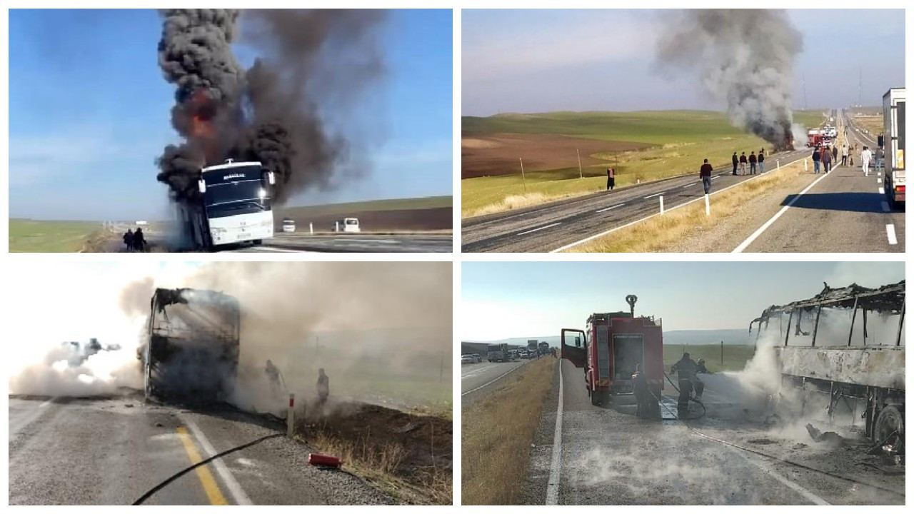 Diyarbakır'da seyir sırasında alev alan yolcu otobüsü yandı