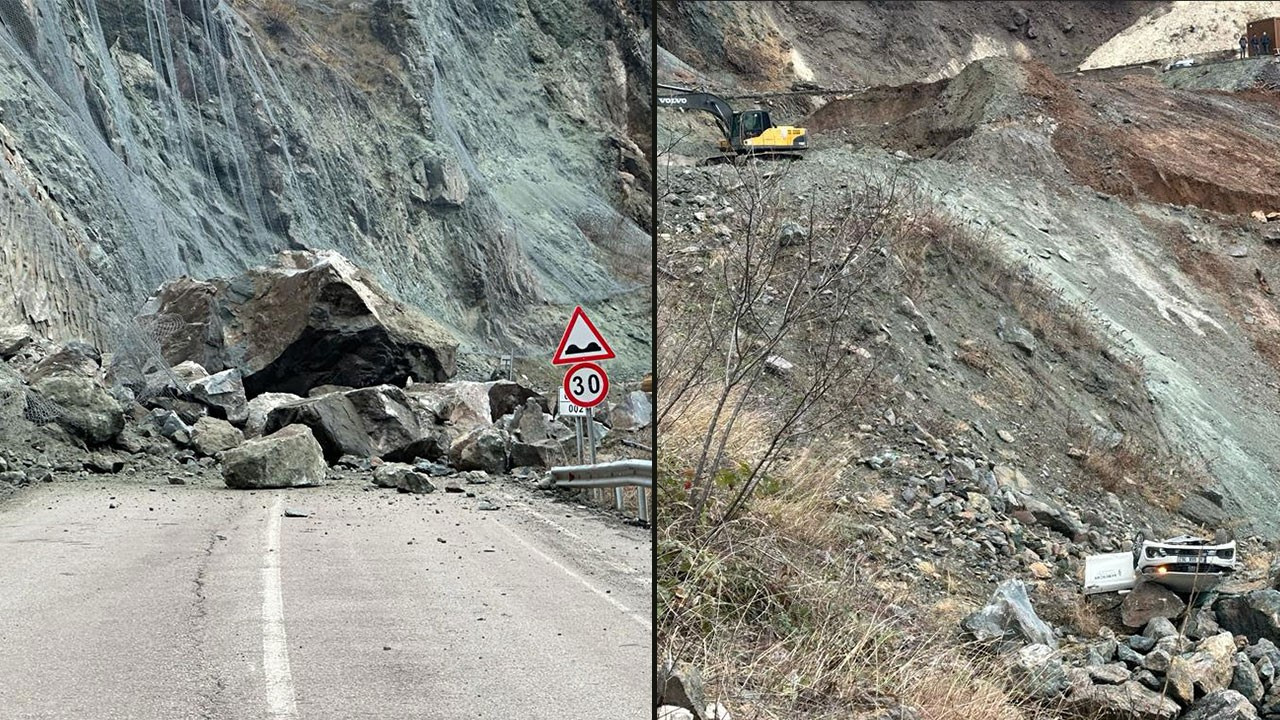 Heyelanda yola düşen kayanın çarptığı otomobil uçuruma yuvarlandı