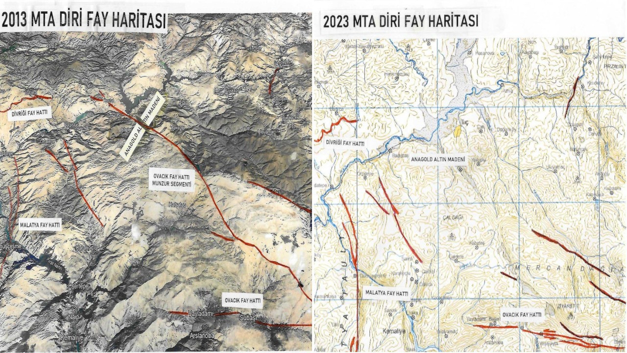 İliç'teki Anagold madeninin altından geçen fayı haritadan silmişler: 2013'te var, 2023'te yok