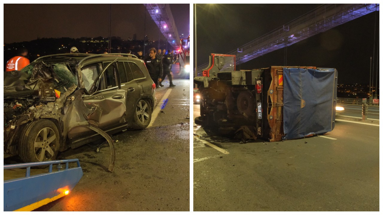 FSM Köprüsü'nde, otomobil ile çarpışan kamyon devrildi: 2 yaralı