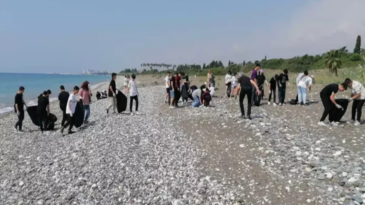 Mersin'de liseliler caretta caretta yavruları için sahili temizledi