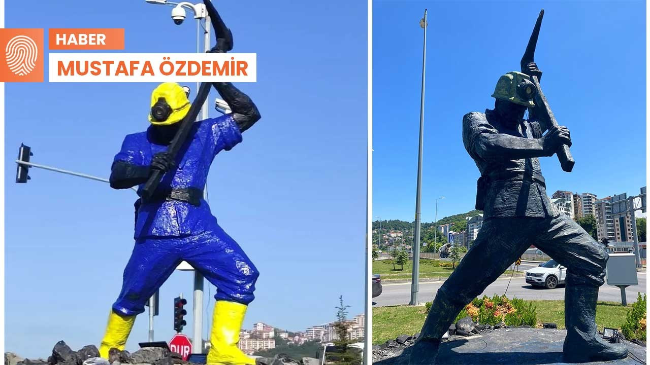 Sarı laciverte boyanmıştı: Madenci heykeli orijinaline döndü