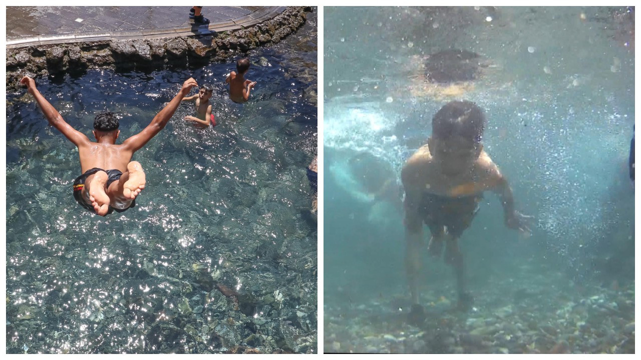 Diyarbakır'da tehlikeye rağmen çocuklar süs havuzunda serinledi