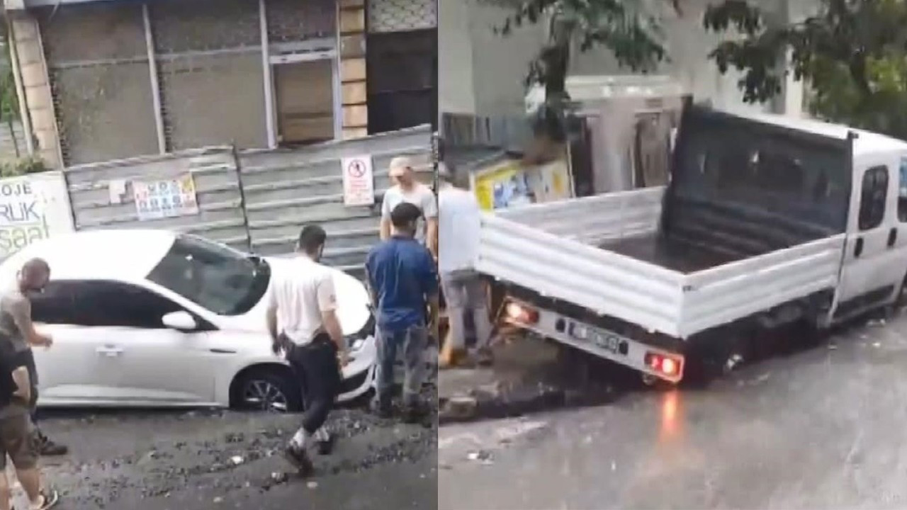 Bayrampaşa'da yol çöktü, araçlar içine düştü