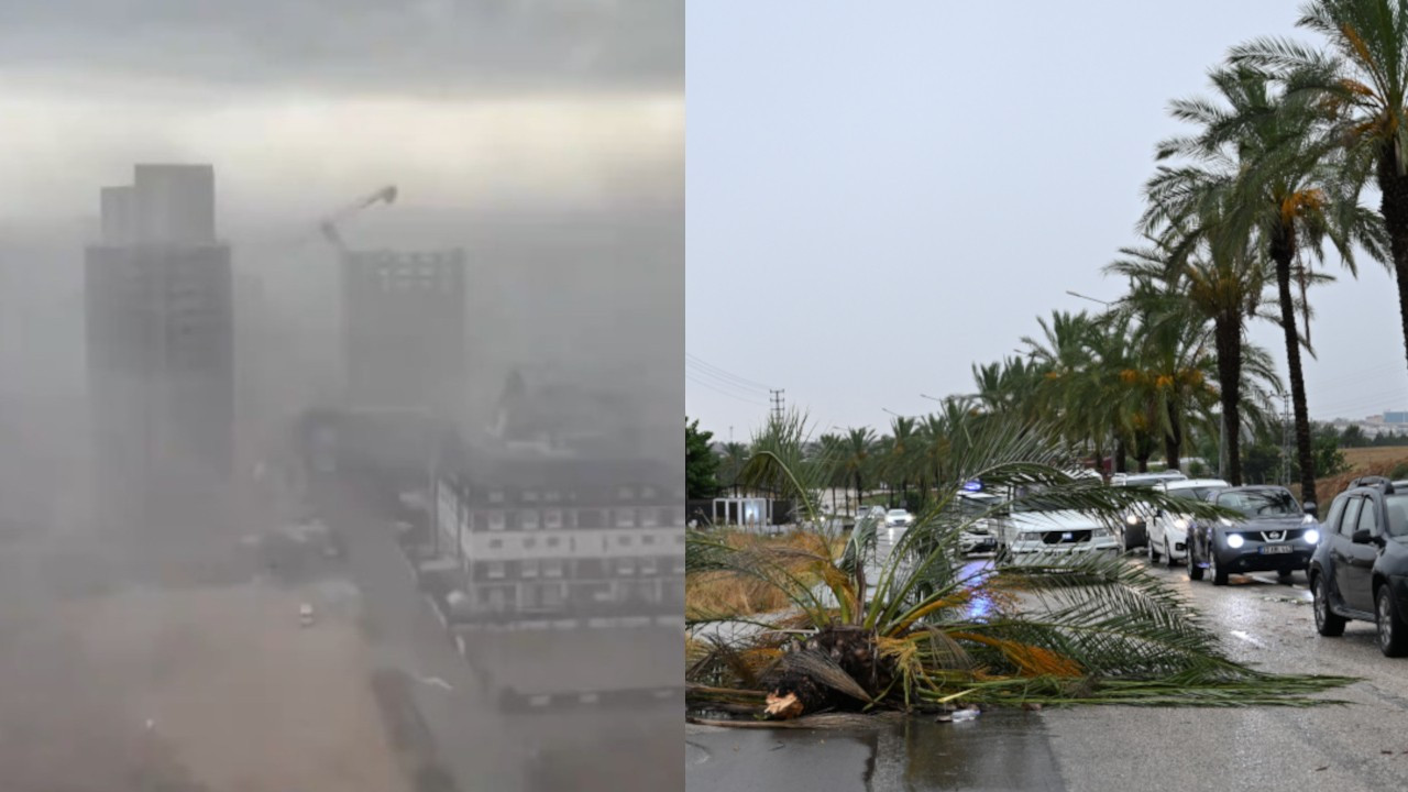 Adana'yı fırtına vurdu: Ağaçlar, panolar yıkıldı, kule vinç devrildi