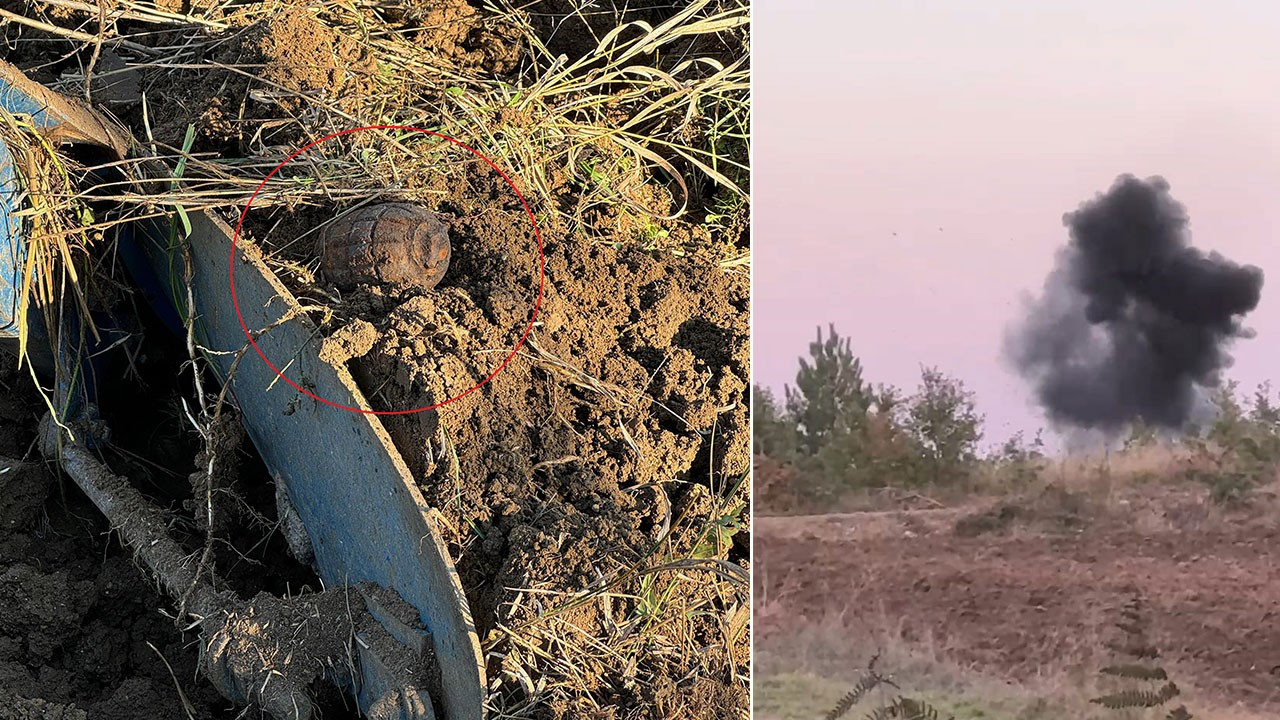 Bursa'da traktör pulluğuna el bombası takıldı