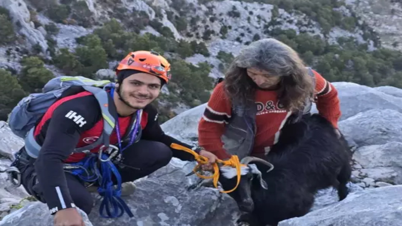 Kayalıklarda mahsur kalan keçi kurtarıldı