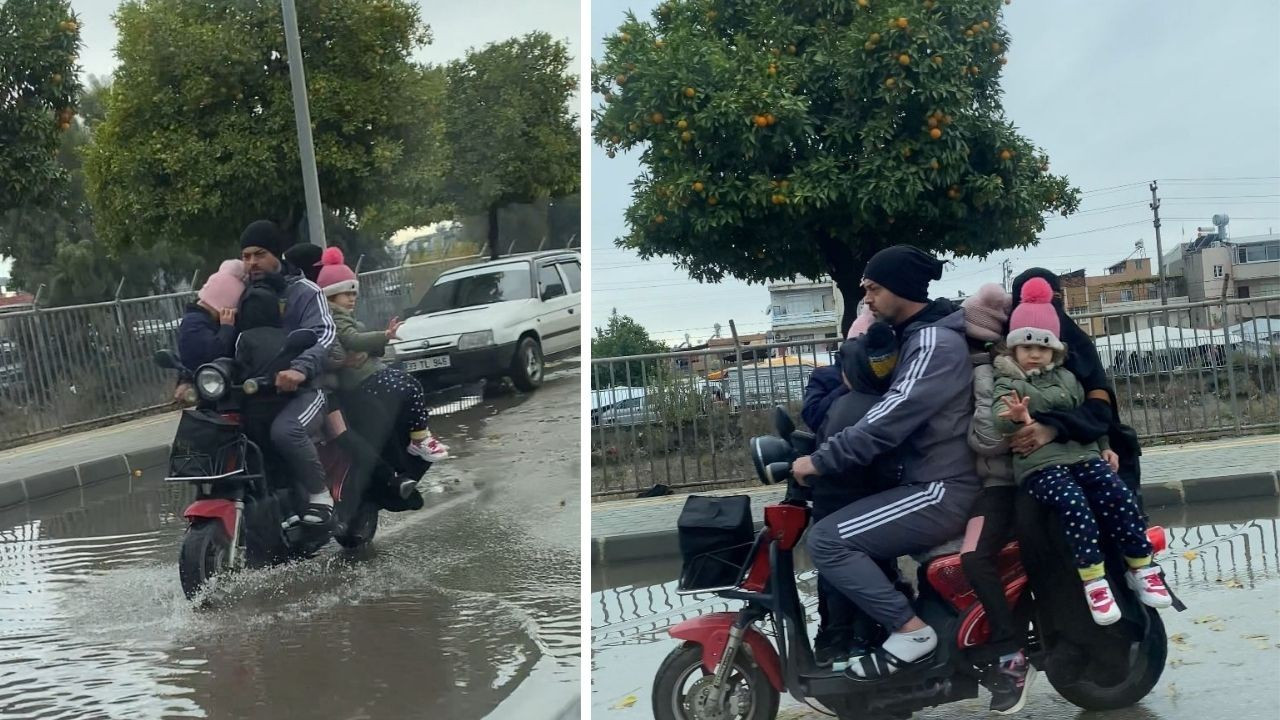 Anne, baba ve 4 çocuk aynı motosiklette