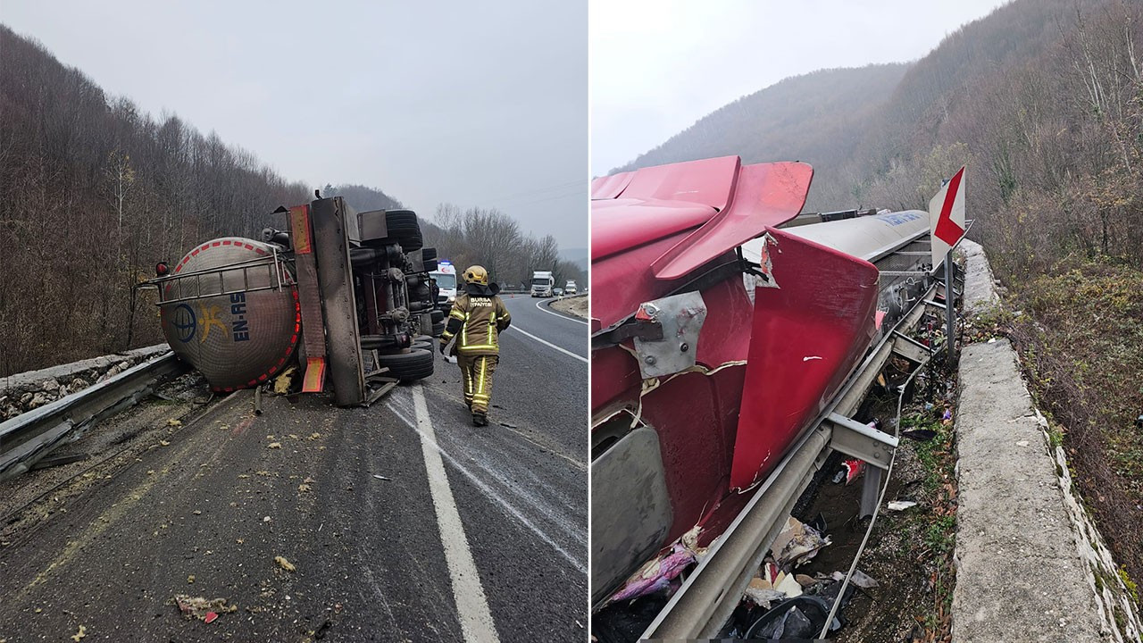 Bursa'da asit yüklü tanker devrildi: Sürücü öldü, asit dereye karıştı