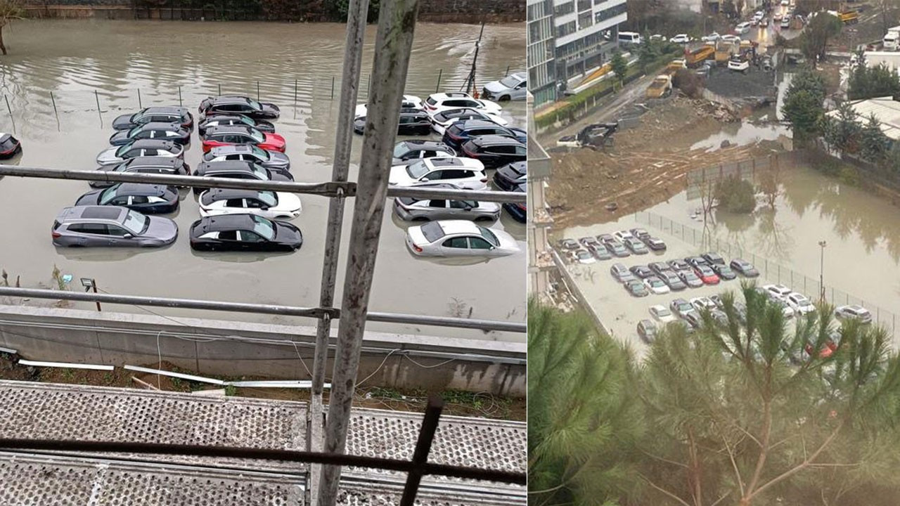  Sarıyer'de yağış sonrası otoparktaki sıfır araçlar su içinde kaldı